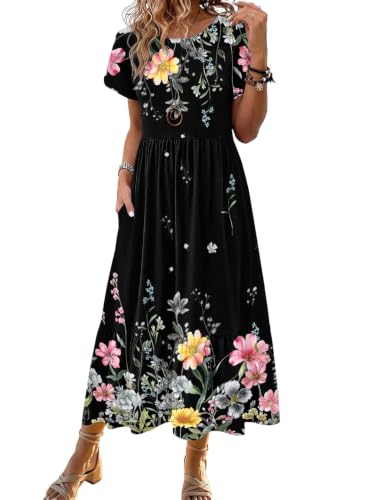 Image of Zeagoo Women Summer Midi A Line Dress Short Sleeve Casual Flowy Tiered Beach Long Sundress with Pockets 2026 Vacation Travel