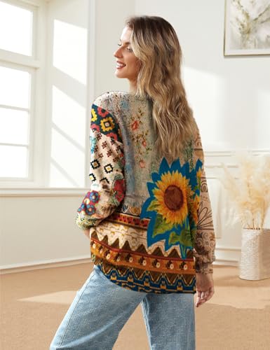Image of YESNO Women's Fall V-Neck Cardigan Sweaters Casual Graphic Oversized Open Front Button Down Long Sleeves Knit Tops SCV