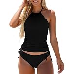 InfiniZer Tankini Sets for Women, Halter Neck Swimming Costume Ladies Tummy Control Two Piece Swimsuit with Ruched Side Removable Padded Bra (UK, Alpha, XL, Regular, Regular, Black)