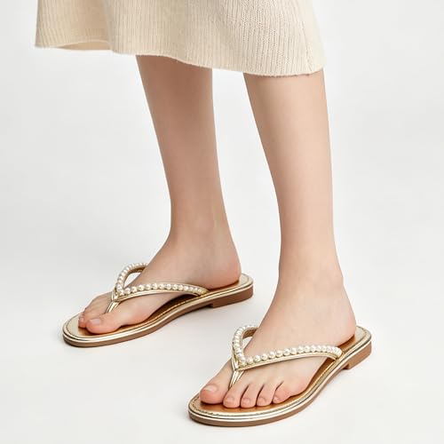 Image of LM Women's Pearls Strappy Flat Sandals Thong Sandals Flip Flop Slip On Slide Sandals for Women Dressy Summer