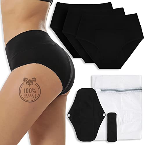 Bragas mensuales de flujo abundante de algodón orgánico – Juego de 3 bragas mensuales ultra absorbentes – 4 almohadillas – Bragas Menstruales para Adolescentes agradables de llevar – Bragas de regla