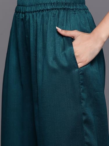 Image of Libas Womens Embellished Silk Blend Straight Kurta With Palazzos and Dupatta