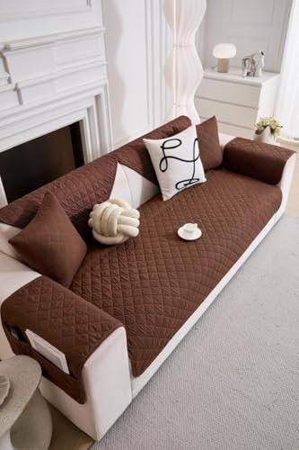 HOMETHREADS Premium Printed Cotton Sofa Cover Mat with PVC Backing for Non-Slip Comfort (Brown, 1Pc Backrest | 70x75cm)