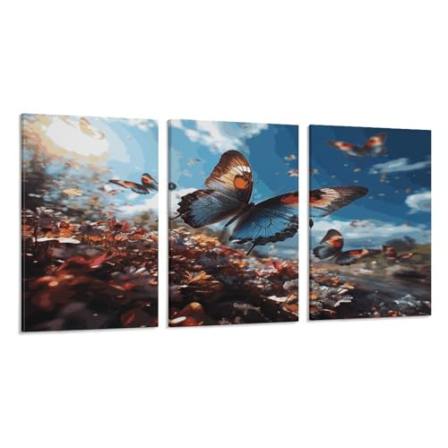 Toile murale triptyque de papillons colorés en suspension verticale