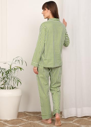 Image of Vlazom Women Cotton Striped Night Suit Set with Pocket | Full Sleeve Shirt & Pajama Co-Ord Set | Soft Breathable Sleepwear with Bow Detail | Comfortable Loungewear for Home