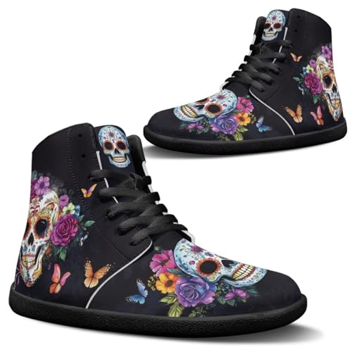 Binienty Botas de senderismo para hombre y mujer, de piel sintética, antideslizantes, con cordones, Sugar Skull Butterfly Floral, 49 EU
