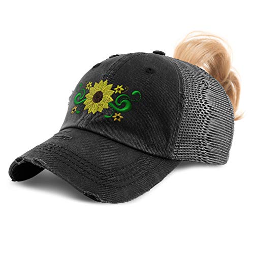 Womens Ponytail Cap Plant Nature Sunflower Border Embroidery Cotton Messy Bun Distressed Trucker Hats Strap Closure Black Design Only #TOP8