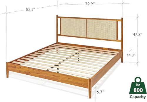 Image of Bme Oliver King Bed Frame and Headboard - 15-Inch Signature Design with Rattan Headboard, Bohemian and Mid Century Style, 12-Slat Wood Support, No Box Spring Needed - Easy Assembly, Caramel