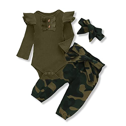 Image of Kislio Newborn Baby Girls Clothes Ribbed Ruffled Romper+Floral Pants+Headband Infant Outfit Set