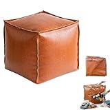 Square PU Leather Pouf Ottoman Cover, Unstuffed Floor Pouf for DIY Home Storage & Seating, Durable Retro Footrest Floor Cushion Bag for Old Clothes, Toys & Blankets, 15.7" Cube (No Filler Included)