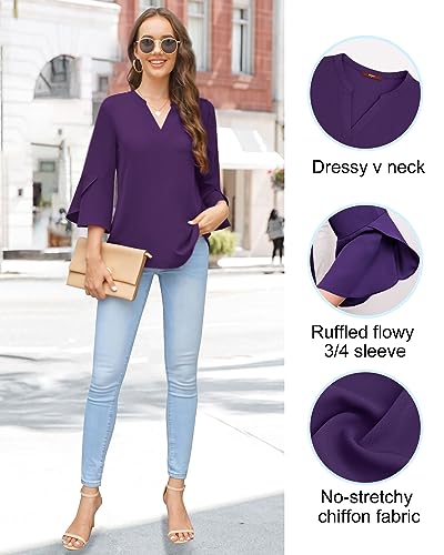 Gaharu Women's Work Blouses Ruffle 3/4 Sleeve Dressy Top V Neck Casual Chiffon Tunic Blouses Business Shirts4