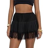 Geagodelia Womens Half Slip Skirt with Lace Trim for Under Dress Short Frilly Underskirt Elasticated Waist Mini Pleated Skirts Extender Plus Size (Mini Black, M)