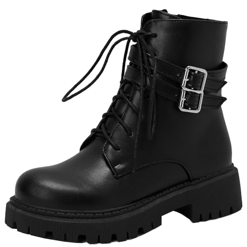 XIEPP Botas de combate motero de moda para mujer, botines de plataforma con punta redonda, Negro , 42 EU