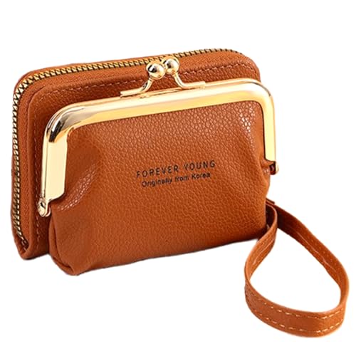 Elegant Kiss-lock Coin Purse Women's Wallet Wristlet Pu Leather Women Accordion Multi Card Slots Zipper Card Holder Small Wallet with Wrist Strap Change Purse Pocket Compact Organizer (Brown)
