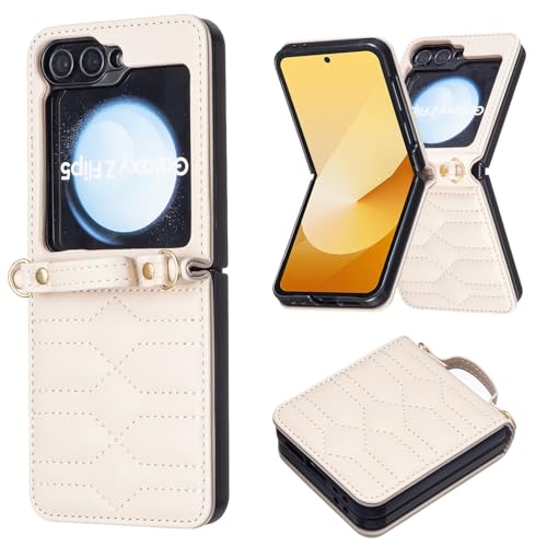 Coque antichoc Samsung Galaxy Z Flip 7 FE, sangle en cuir et structure de protection beige