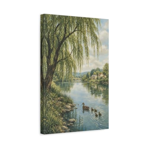 Toile saule style gouache grand format vertical pour mur vide salon