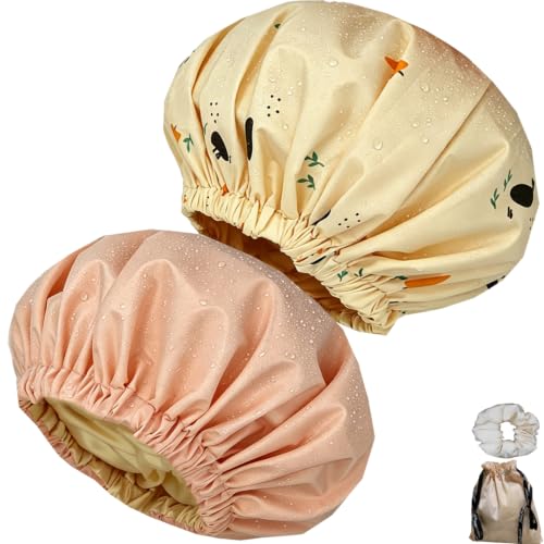 Genergy 2Pcs Satin Lined Large Shower Cap for Women Set with Bag & Scrunchy