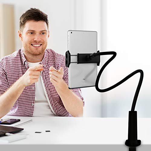 Aduro Solid-Grip iPad Stand Holder 360 Adjustable Universal Gooseneck Lazy Tablet Stand for Desk – Swivel Durable Rubberized Video Mount for Recording Holder (White)