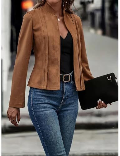 Women'S Fall Faux Suede Jackets Long Sleeve Coats Fashion Dressy Outwear cropped jackets4