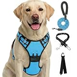 FURRYFECTION Reflective Dog Harness for Large Dogs, No Pull Adjustable Pet Vest with Front Lead and Leash, Easy Control Handle and Seat Belt for Safety, Blue, L