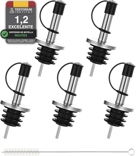 Incutex 5x Vertedores de Botellas y 1x Cepillo de Limpieza, Pico con Cierre de Tapón de Goma, Vertedor Dosificador de Espíritus Vino Licor Vinagre