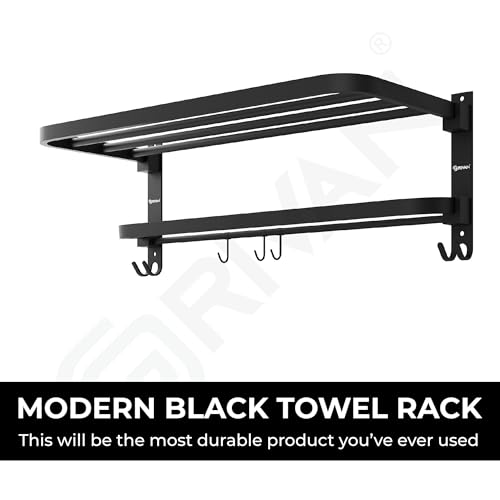 Image of GRIVAN Stainless Steel Towel Rack for Bathroom | Foldable 24 Inch Towel Holder in Bathroom with Hooks | Bathroom Towel Hanger for Wall | Towel Stand Rack for Clothes (Black Matte, Pack of 1)