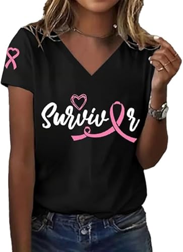 Women's Breast Cancer Awareness Survivor Shirts for Women Vneck Shirt (Black, 3XL)
