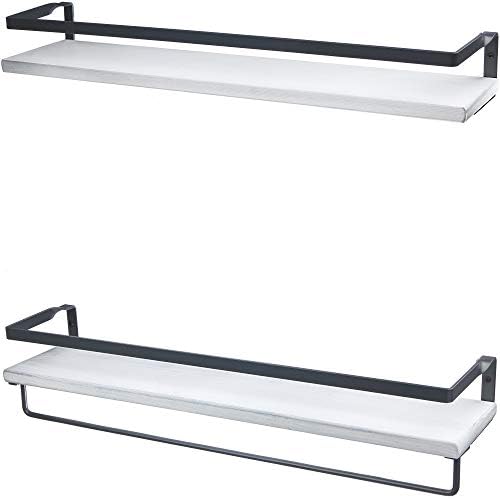 Peter's Goods Floating Shelves with Rail, Large, Rustic White – Set of 2 Shelves with Towel Bar – Wood Bathroom Floating Shelves & Kitchen Shelves - Decorative Shelf for Office, Bedroom, Living Room