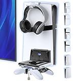 Soporte de Pared para PS5 Compatible con Consolas P5/Slim/Pro, Soporte Vertical para PS5 para Base Mando P5, Kit de Montaje en Pared para PlayStation 5 Accesorios con Gancho Auriculares, Blanco