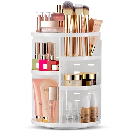 Image of Masirs 360 Rotating Makeup Organizer for Vanity, Adjustable Shelf Height, Large Capacity Cosmetic and Skincare Storage, Lazy Susan Perfume Organizer for Dresser, Bathroom Countertop, White