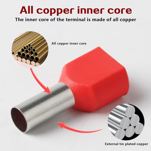 Aoyfuwell 100 Stück Aderendhülsen 10mm2,Twin Aderendhülsen 10mm² Doppelt Set,Kabelflächen für Kabelverbindungen,Doppel Rot Twin Zwilling Aderendhülsen Set Isoliert(10mm2x13mm)