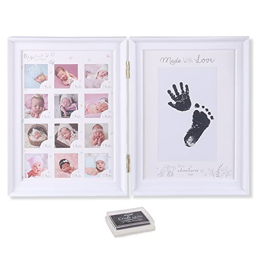 Lakpopya Cadre Photo bébé empreinte de main Record de croissance de la première année de bébé cadre photo pliable avec Cartouche D'encre (Pliable Blanc) Cover
