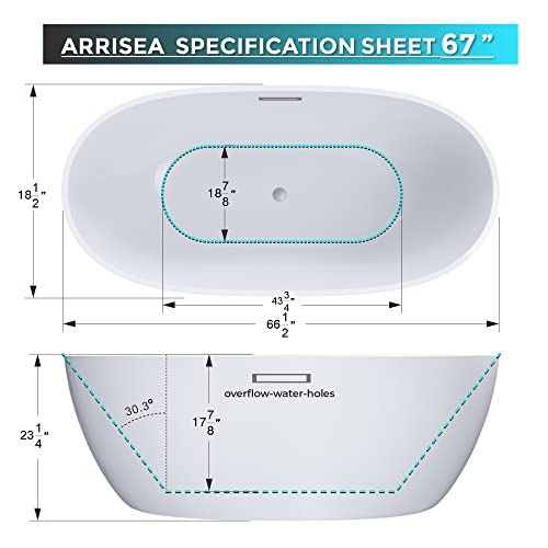 Arrisea 67''X32'' White Freestanding Tub For Two Adults,Arcylic Deep Soaking Tub For Bathroom With Brushed Nickel Overflow & Drain & Pillow,No Slip Floor Mount Free Stand Soaker Tub #TOP7