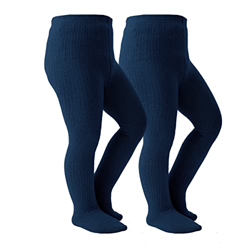 Marchare - Marchare Baby Girls Tights Thick Cable Knit Solid Seamless Leggings Winter Warm Stockings For Toddler Girls Navy 2 Pack 8-10 Years