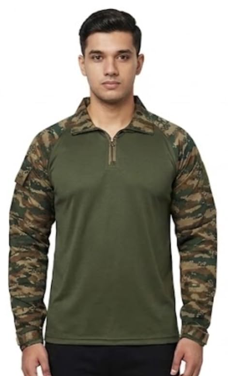 Military Tactical Full Sleeve T-Shirt for Men | Olive Green Army Inspired Combat Style with Digital Camo Sleeves, Utility Cargo & Pen Pockets-picture-52