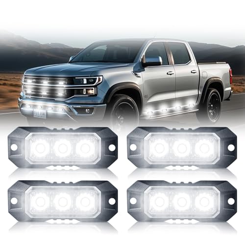 Nrgedzam LED Strobe Lights for Trucks 3-LED Super Bright Surface Mount Emergency Strobe Lights Waterproof Sync Feature Safety Warning Grille Flashing Lights for Vehicles, Car, Trucks, 4PCS (White)