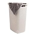 Mind Reader Slim Laundry Hamper with Lid, 60L Clothes Basket, Wicker Design, Plastic, 17.65"L x 13.75"W x 24.15"H, Ivory