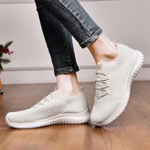 TIOSEBON Women's Lightweight Casual Walking Athletic Shoes Breathable Running Slip-On Sneakers for Jogging Workout 10.5 US Beige