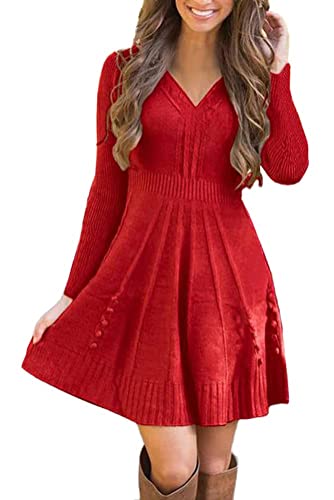 ORANDESIGNE Vestido Punto Mujer Invierno, Vestido Suéter Mujer Manga Larga Elegante Cuello de Pico Jerseys Vestido Fiesta Casual B Rojo Claro 40