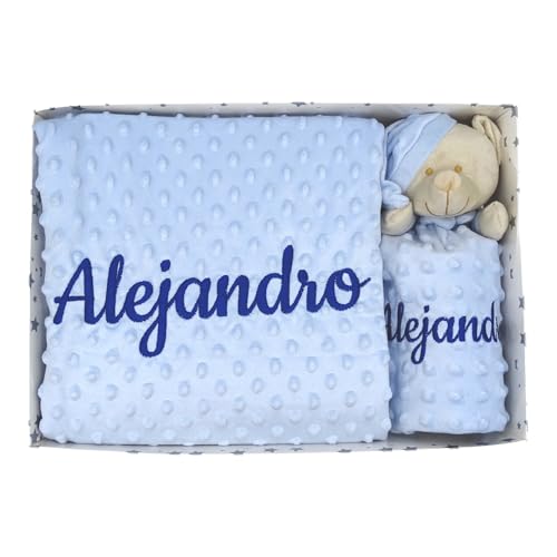 variouss Manta de Bebe Personalizado con su Nombre Bordado, Incluye DouDou, Manta Suave para Cochecito, Capazo o Cuna, Regalo de Nacimiento o Baby Shower ((Azul)