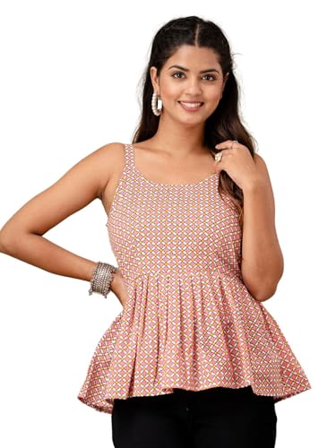 Image of feranoid Women Cotton Printed Sleeveless Strap Peplum Top