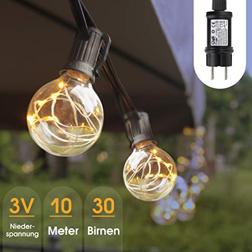 Preisvergleich Produktbild Lichterkette Garten, 10M Glühbirne Lichterkette Außen, G40 LED 3 W Weihnachtsbeleuchtung Innen Aussen IP44 Wasserdicht, Weihnachten Beleuchtung 3V Niederspannung, 30 Birnen mit Ersatzbirnen Warmweiß