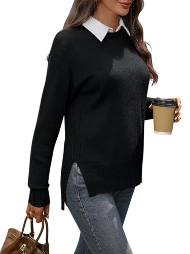 AMZANGEL Women's Merino Wool Blend Sweater Crew Neck Side Slit Pullover Black