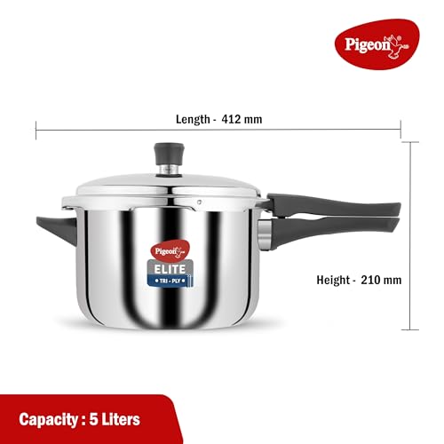 Image of Pigeon By Stovekraft Elite Shine 5Liters Tri-Ply Body Outer Lid Pressure Cooker Induction And Gas Stove Compatible That Distributes Heat Evenly For Uniform Cooking (Stainless Steel, Silver)