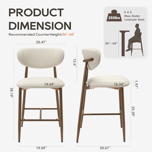 Image of MALOL Bar Stools Set of 1, Counter Height bar stools, Kitchen Bar Stools with Backs, Modern Upholstered, Modern Bar Stools with Metal Legs for Kitchen Island, Counter, Beige