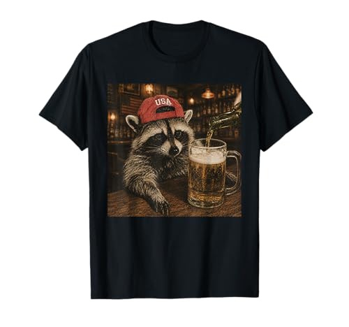 Raccoon Drinking Beer Funny Patriotic USA Raccoon Meme Art T-Shirt