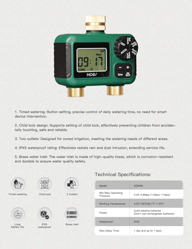 MOES 2 Outlet Sprinkler Timer, Brass Inlet & Outlet, Programmable Automatic Irrigation Controller, Rain Delay, Manual Watering, 2 Zone Water Hose Timer for Gardens, Lawns, and Hose Systems - Thumbnail 7