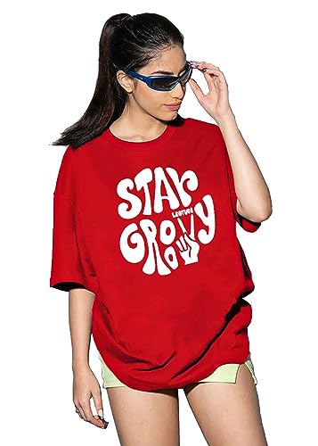 Image of LEOTUDE Women's Oversized Round Neck Cottonblend T-Shirts (Color : Multi)