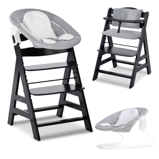 hauck Hochstuhl Alpha+ Newborn Set mit 2in1 Bouncer - Mitwachsender Holz Babyhochstuhl ab Geburt, inkl. Sitzauflage & Neugeborenenaufsatz - Schwarz