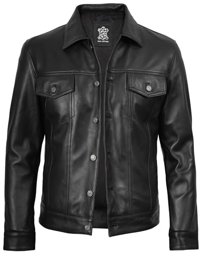 Image of fjackets Real Lambskin Vintage Trucker Leather Jacket Men - Shirt Collar Style Leather Jackets For Mens